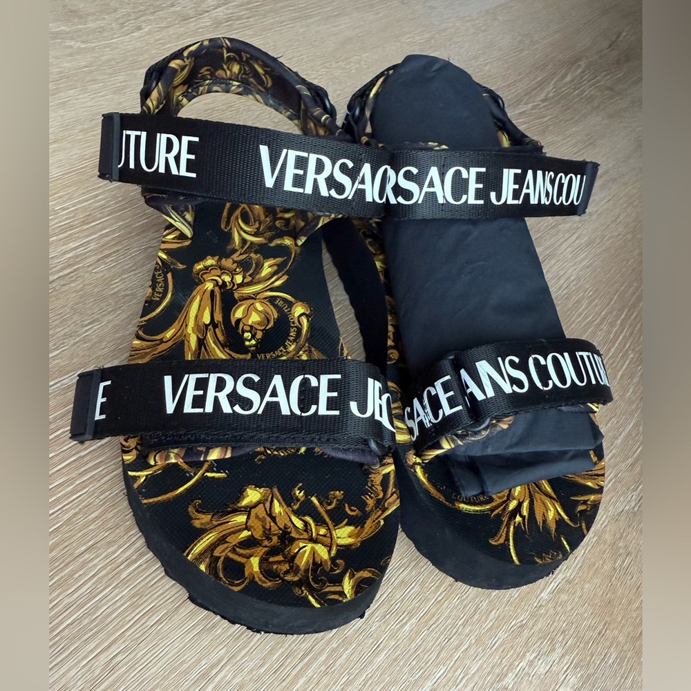 Versace Jeans Couture baroque prints strap sandals Black and Gold.